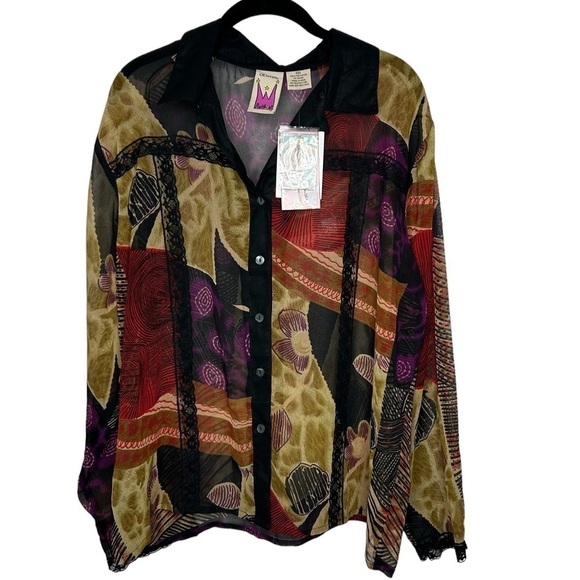 New Original Anthony Womens Semi Sheer Blouse 1X Button Front Art To Wear BNWT - Picture 1 of 3